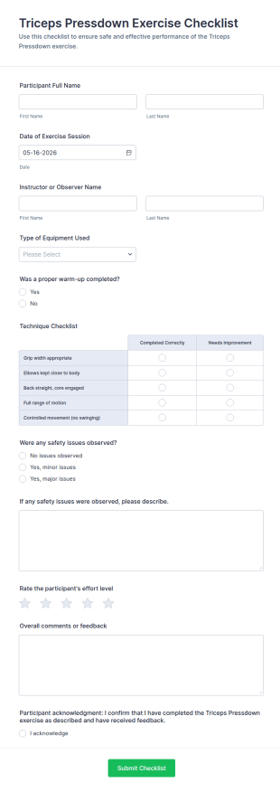 Triceps Pressdown Exercise Checklist Form Template