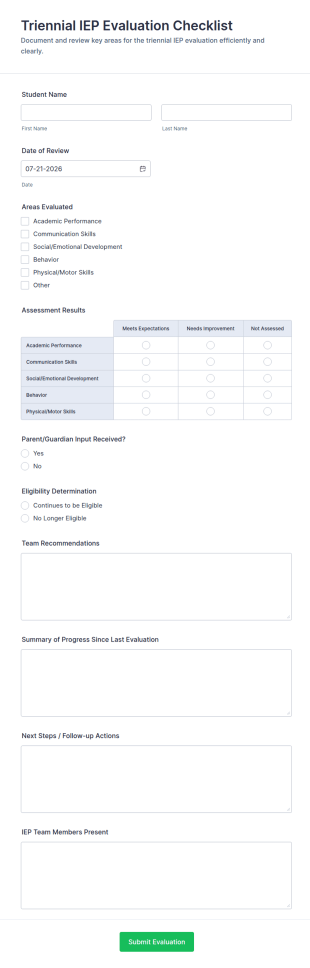 Triennial IEP Evaluation Checklist Form Template