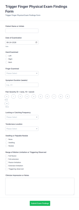 Trigger Finger Physical Exam Findings Form Template
