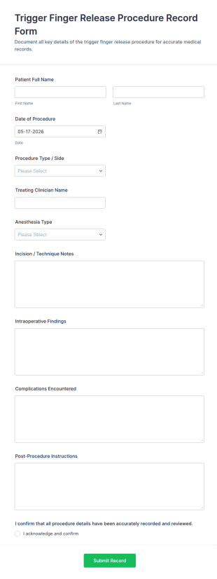 Trigger Finger Release Procedure Record Form Template