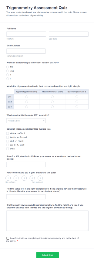 Trigonometry Assessment Quiz Form Template