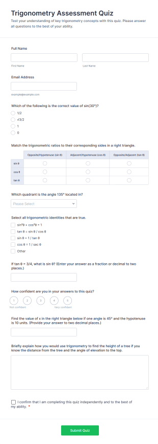 Trigonometry Assessment Quiz Form Template