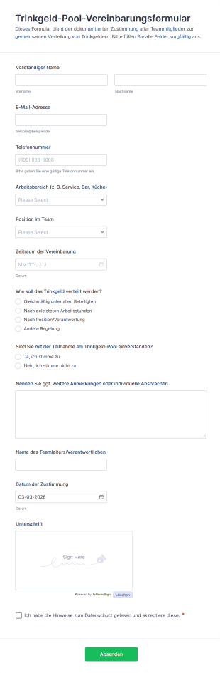 Trinkgeld Pool Vereinbarungsformular