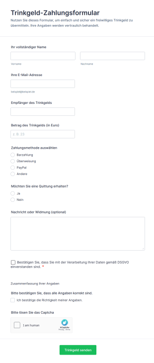Trinkgeld Zahlungsformular