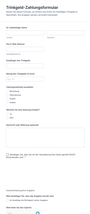 Trinkgeld Zahlungsformular