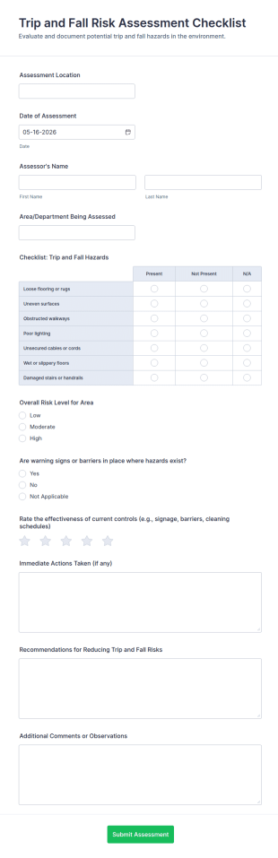 Trip And Fall Risk Assessment Checklist Form Template