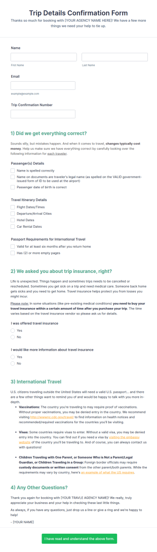 Trip Details Confirmation Form Template