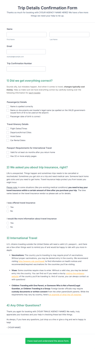 Trip Details Confirmation Form Template