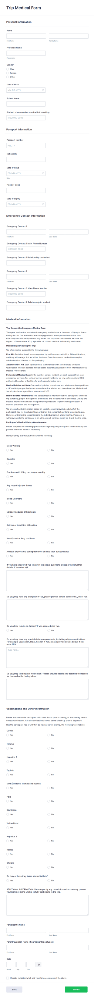 Trip Medical Form Template