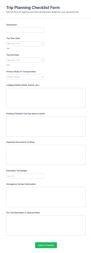 Trip Planning Checklist Form Template