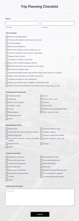 Trip Planning Checklist Form Template