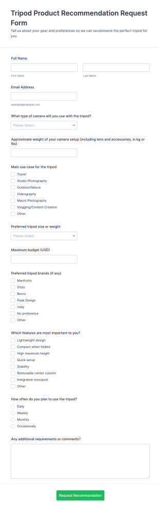 Tripod Product Recommendation Request Form Template