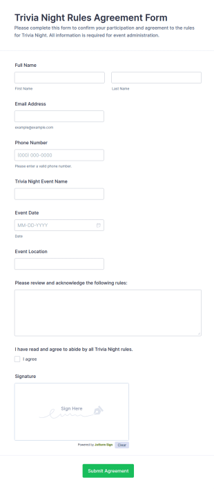 Trivia Night Rules Agreement Form Template