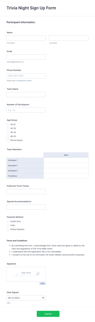 Trivia Night Sign Up Form Template