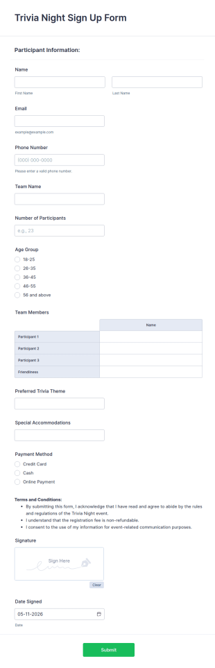 Trivia Night Sign Up Form Template