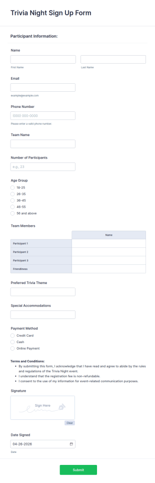 Trivia Night Sign Up Form Template