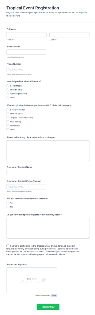 Tropical Event Registration Form Template