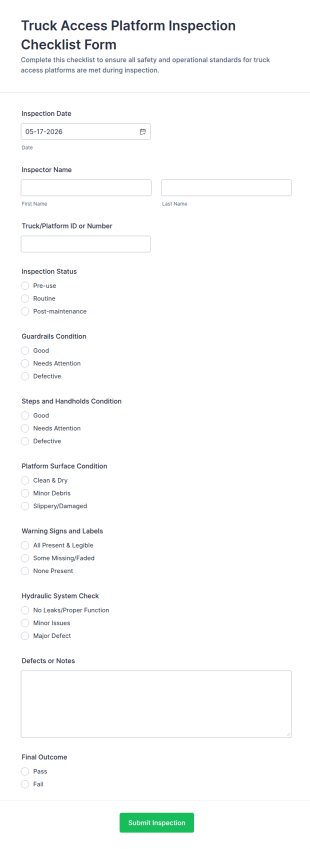 Truck Access Platform Inspection Checklist Form Template