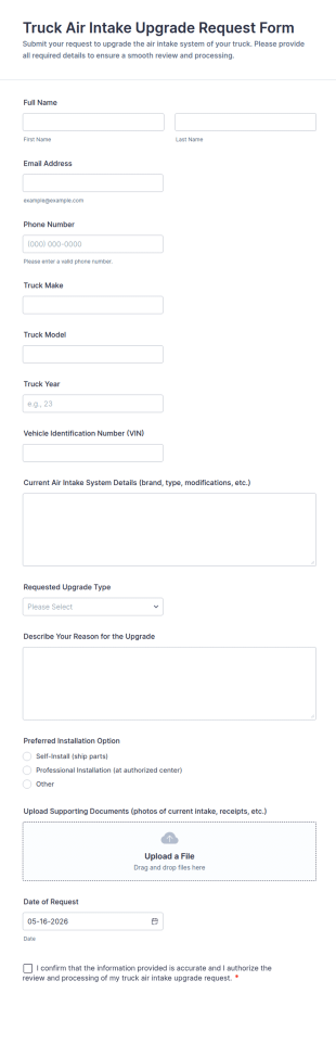 Truck Air Intake Upgrade Request Form Template