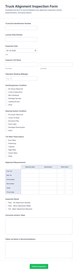 Truck Alignment Inspection Form Template