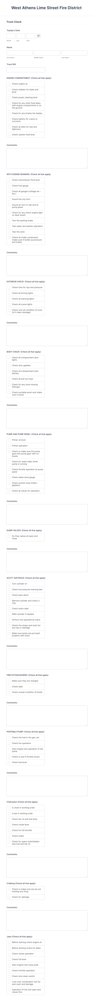 Fire Department Truck Check Form Template