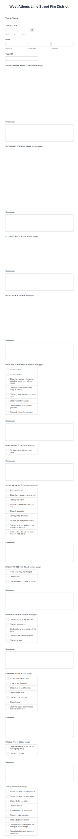 Fire Department Truck Check Form Template