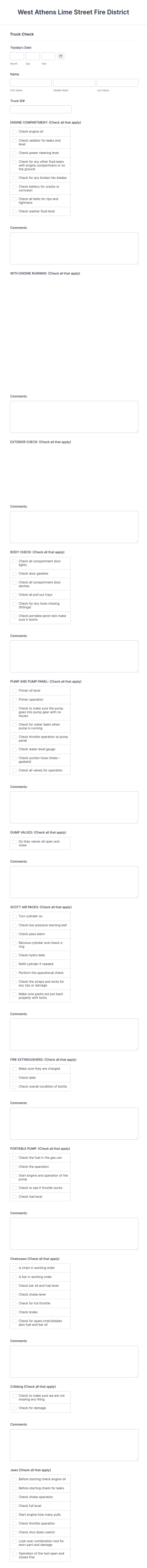 Fire Department Truck Check Form Template