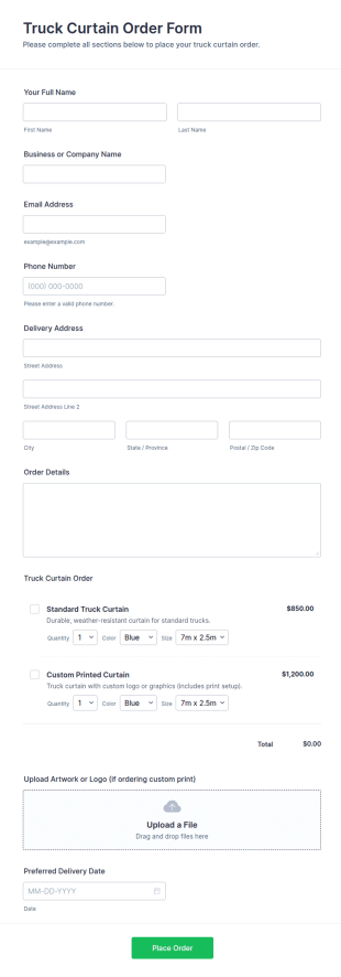 Truck Curtain Order Form Template