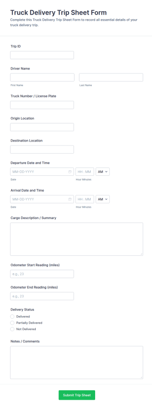 Truck Delivery Trip Sheet Form Template
