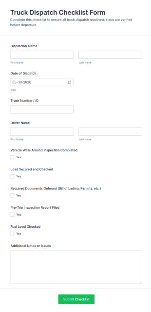 Truck Dispatch Checklist Form Template