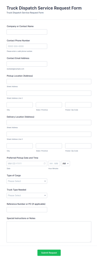 Truck Dispatch Service Request Form Template