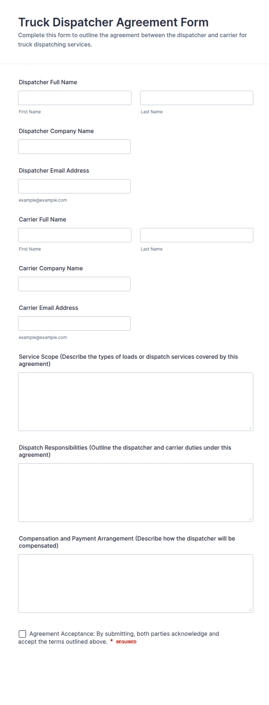 Truck Dispatcher Agreement Form Template | Jotform