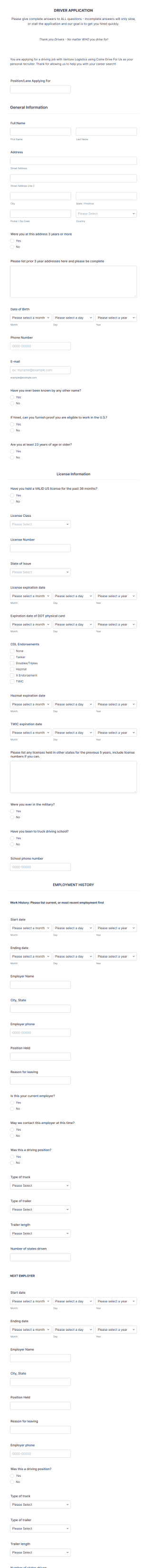 Truck Driver Application Form Template