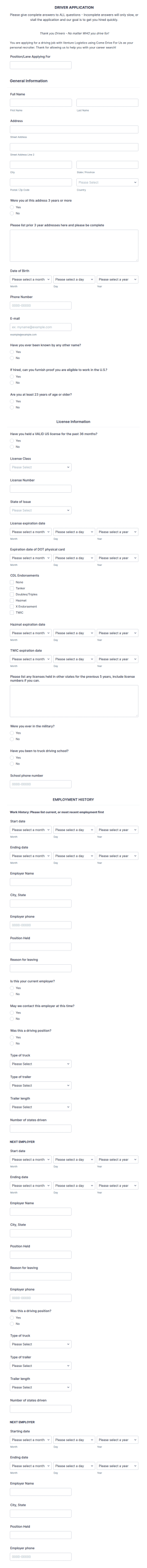 Truck Driver Application Form Template