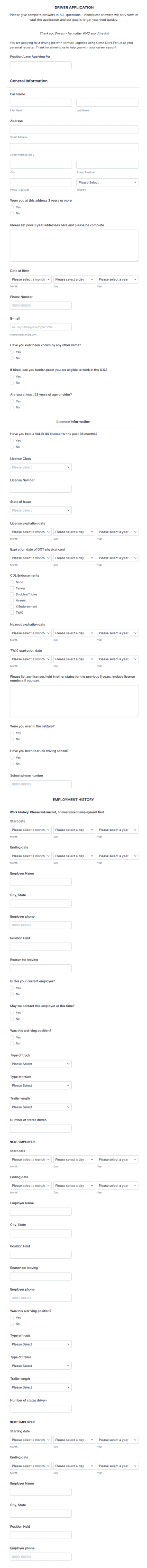 Truck Driver Application Form Template