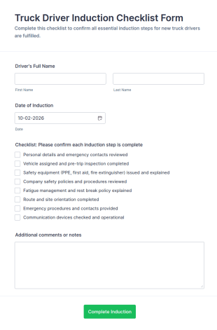 Truck Driver Induction Checklist Form Template