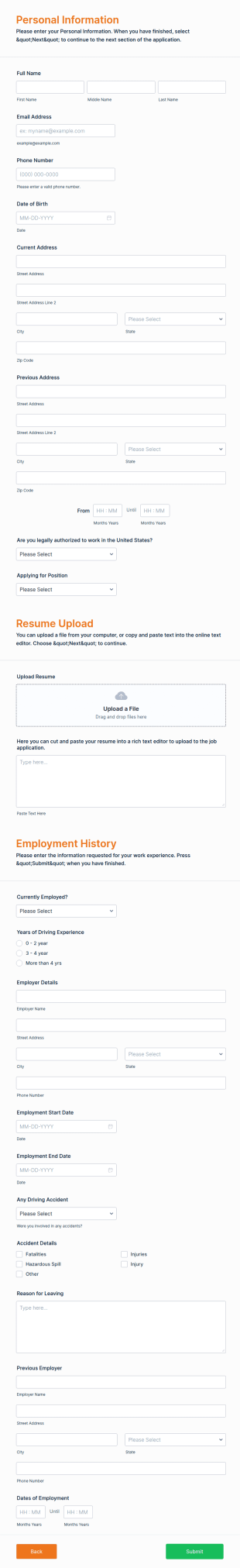 Truck Driver Job Application Form Template