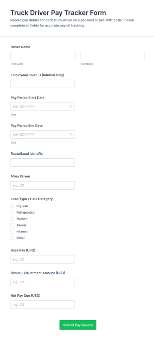 Truck Driver Pay Tracker Form Template