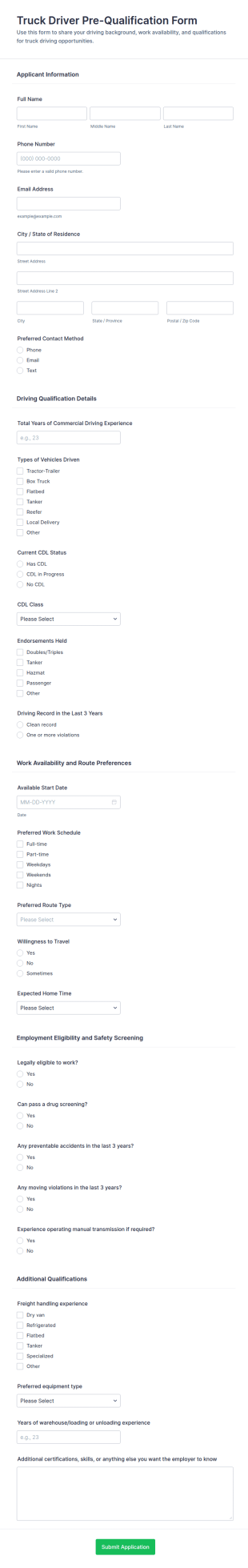 Truck Driver Pre Qualification Form Template