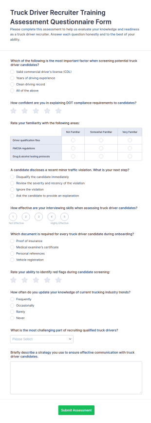 Truck Driver Recruiter Training Assessment Form Template