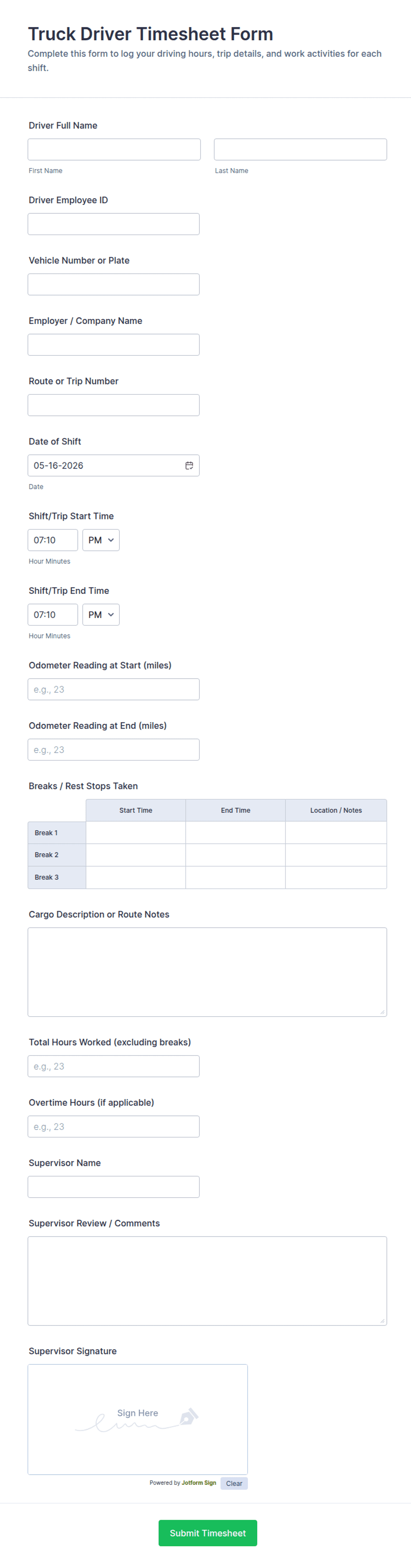 Truck Driver Timesheet Form Template | Jotform