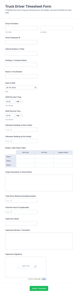 Truck Driver Timesheet Form Template