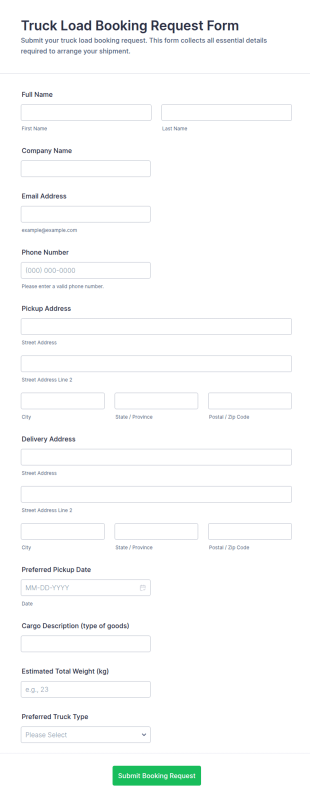 Truck Load Booking Request Form Template