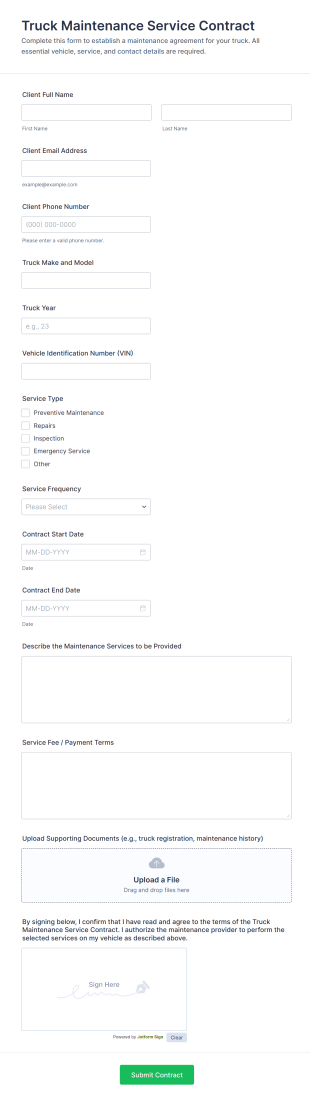 Truck Maintenance Service Contract Form Template