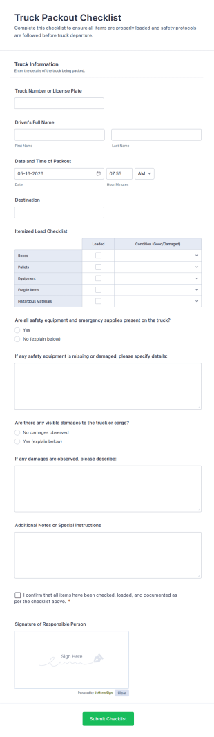 Truck Packout Checklist Form Template