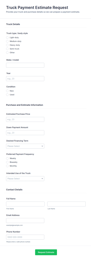 Truck Payment Estimate Request Form Template