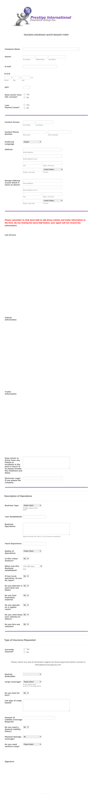 Trucking Insurance Quote Request Form Template