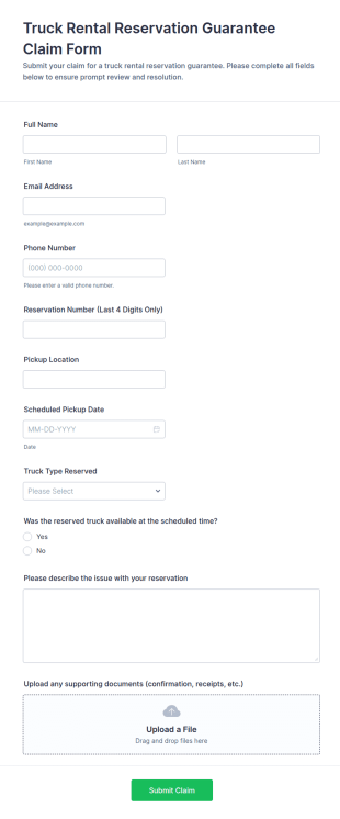 Truck Rental Reservation Guarantee Claim Form Template