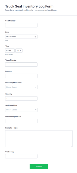 Truck Seal Inventory Log Form Template