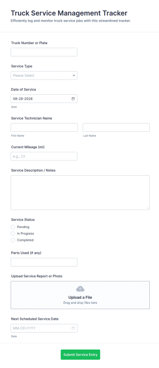 Truck Service Management Tracker Form Template